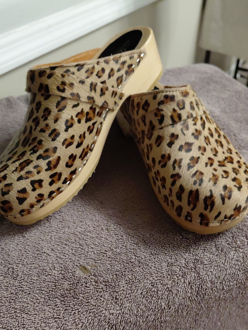 Swedish Hasbeens Leopard Print Clogs in Tan and Black